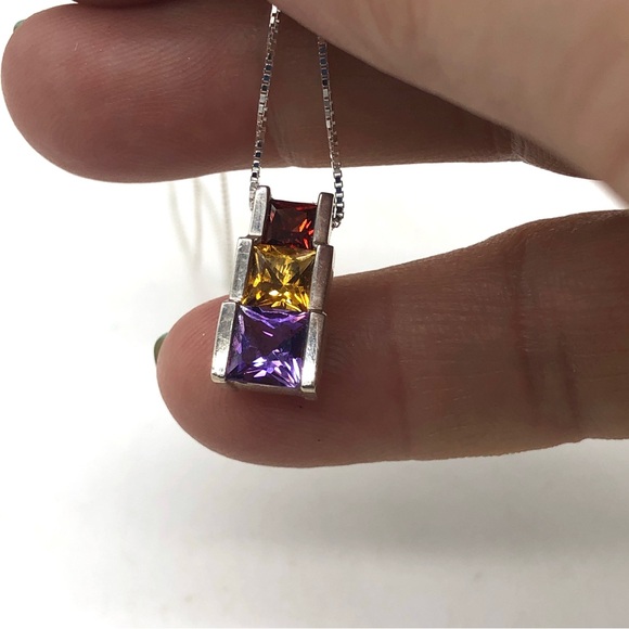 Vtg Gemstone Pendant Necklace 925 Sterling Silver Amethyst Citrine Garnet Box - Picture 3 of 8